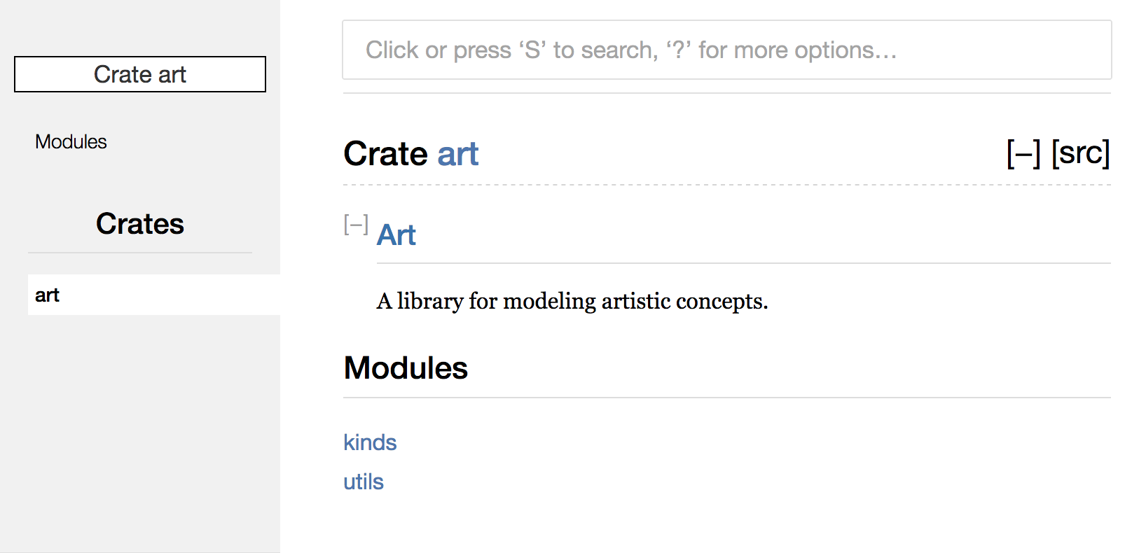 `kinds`と`utils`モジュールを列挙する`art`クレートの描画されたドキュメンテーション